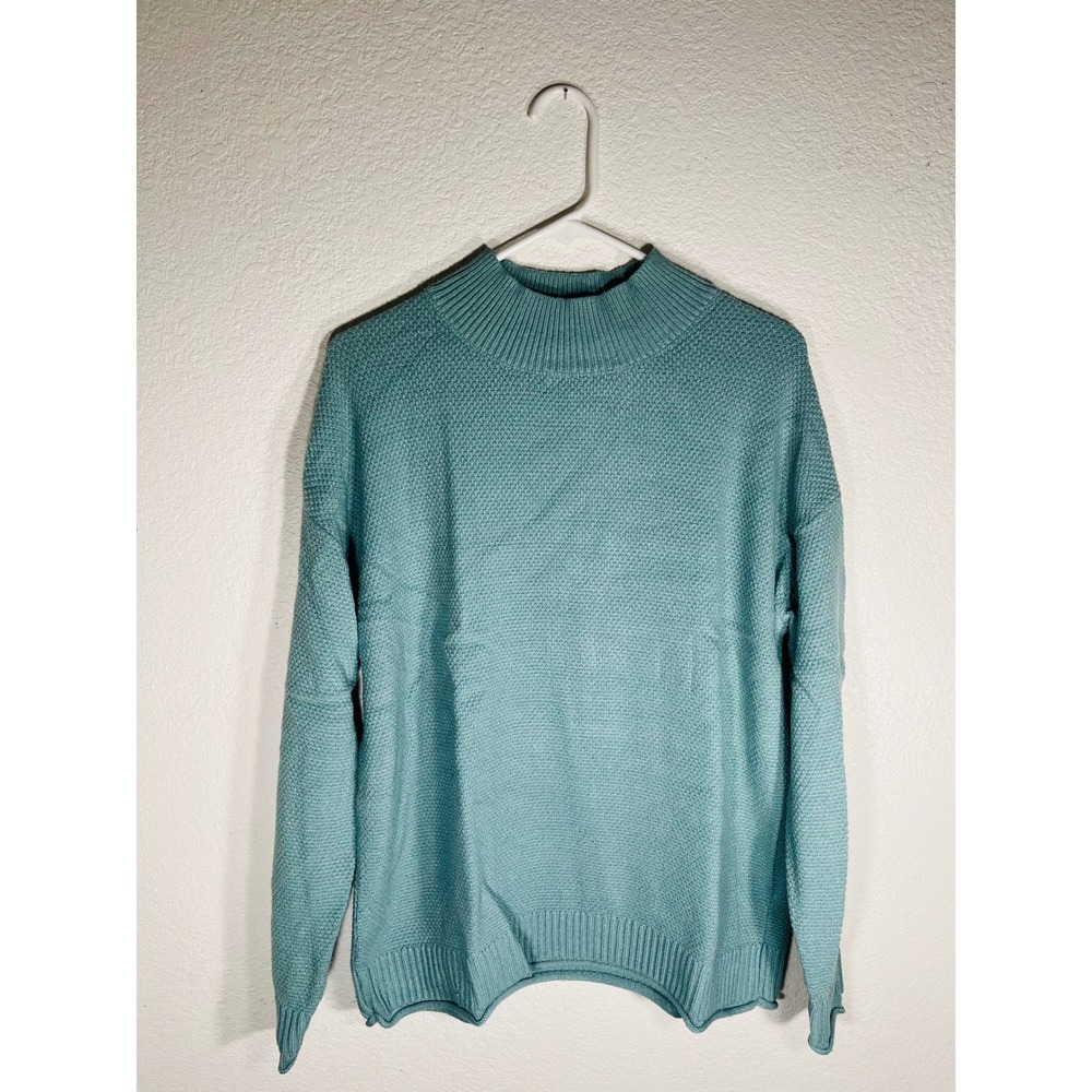 MEROKEETY Oversized Waffle Knit Mock Neck Sweater Teal Blue Size L